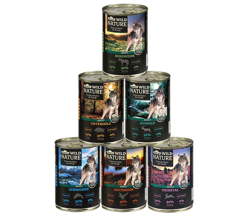 Dehner Wild Nature Hundefutter Probier-Set, Nassfutter getreidefrei / zuckerfrei, für ausgewachsene Hunde, Ente / Pferd / Wild / Kaninchen, 6 x 40...