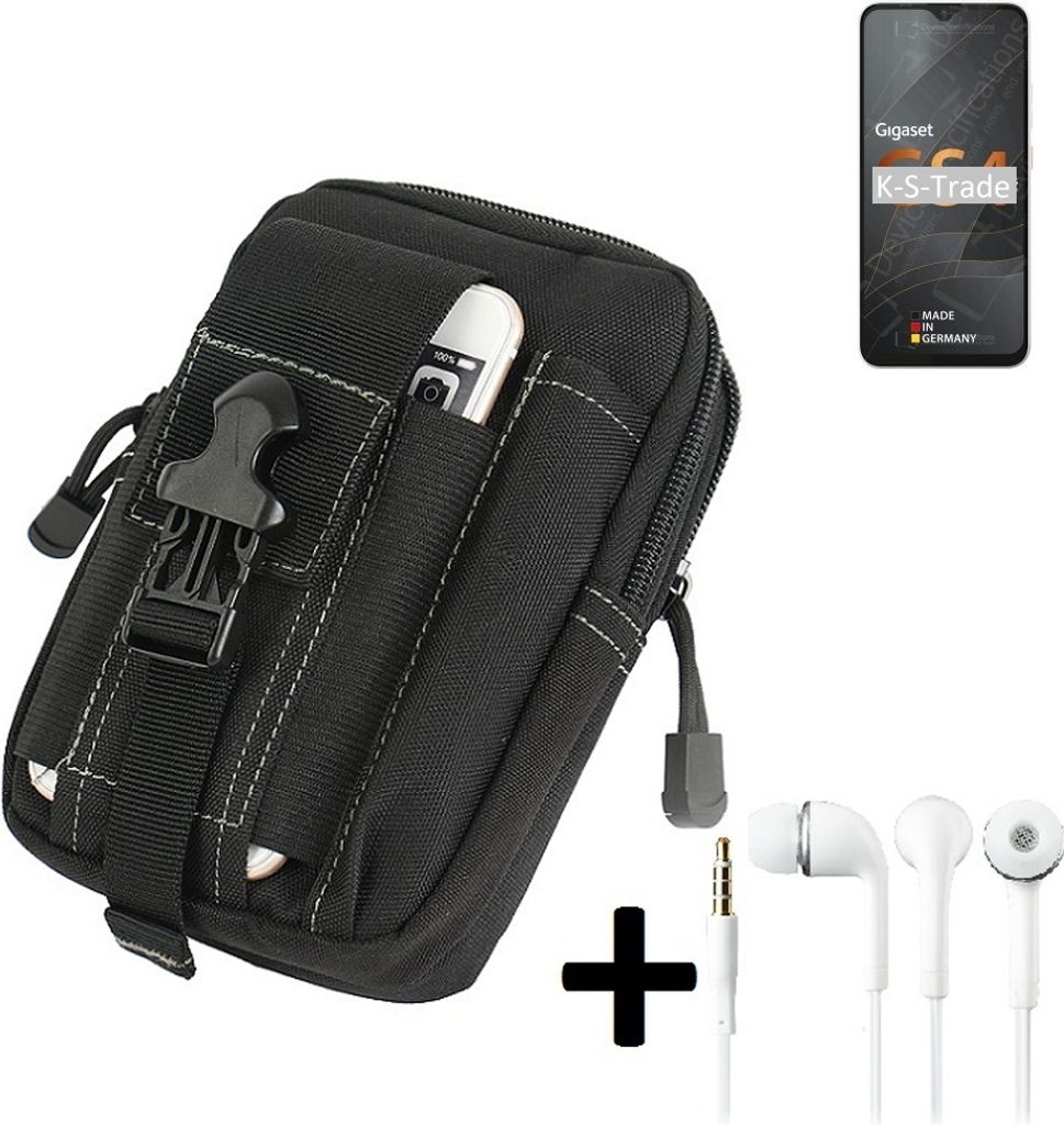 K-S-Trade Gürteltache + Kopfhörer kompatibel mit Gigaset GS4 Gürtel Tasche Holster Schutz Hülle Handy Hülle schwarz inkl. Extrafächer