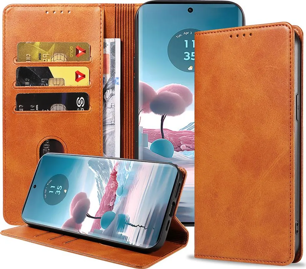 Adatto per Motorola Edge 40 Neo Custodia per telefono in ecopelle con chiusura magnetica e portacarte a libro con patta - Custodia a portafoglio con slot per carte - Marrone - Smartphonica