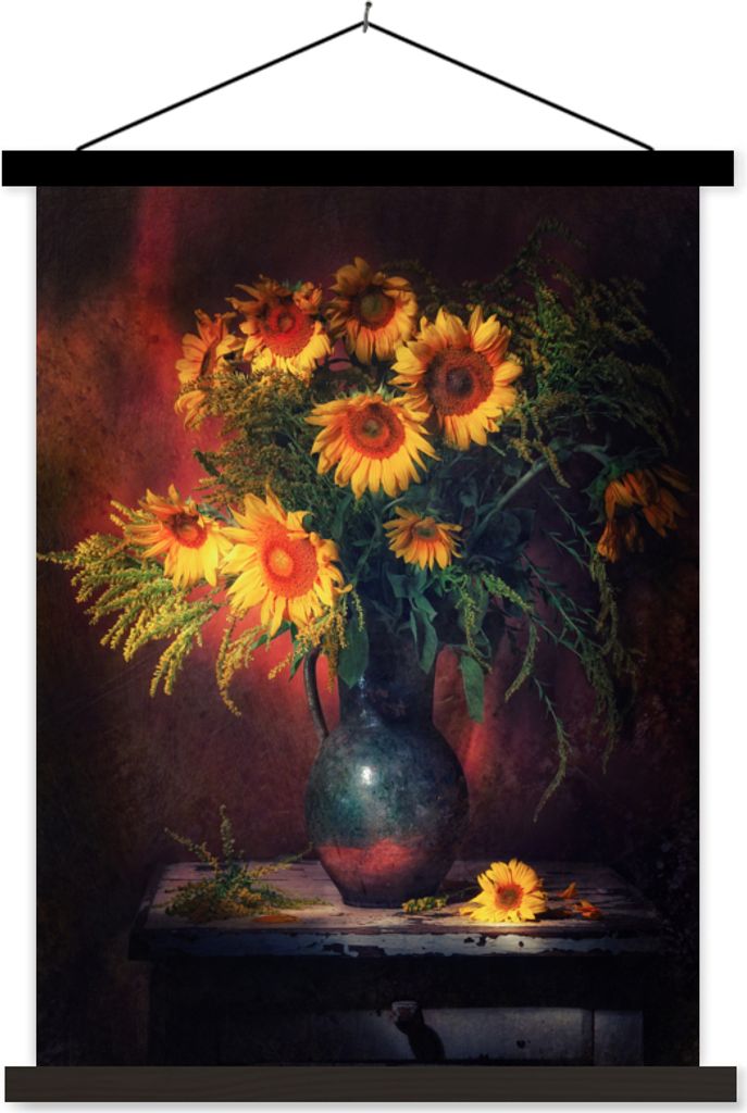 MuchoWow Textilposter Sonnenblumen - Vase - Stilleben 60x80 cm mit schwarzem Rahmen - Plakathalter