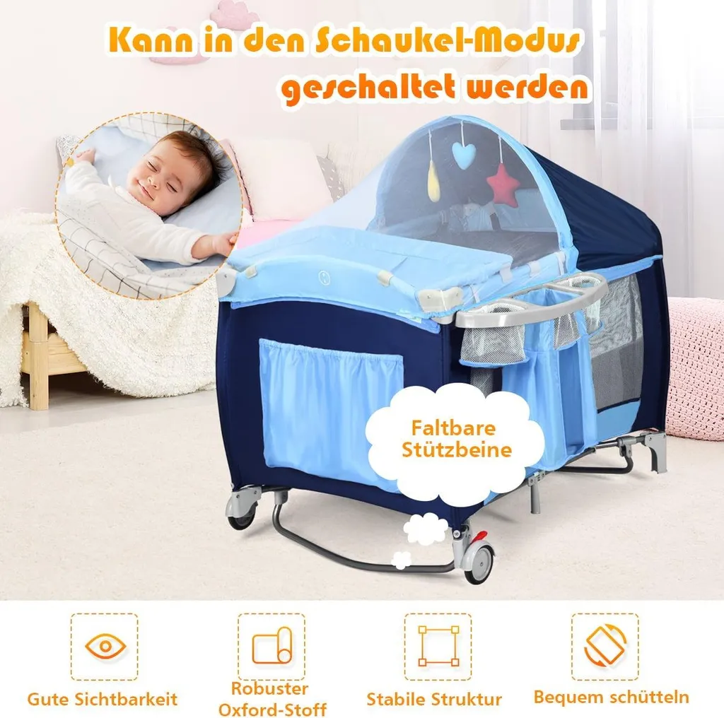 Lit d'appoint bébé 4 en 1 pliable bleu avec parc pour voyage et maison