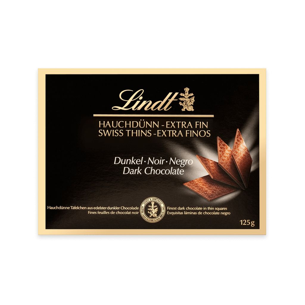 A box of Lindt dark chocolate thins.
