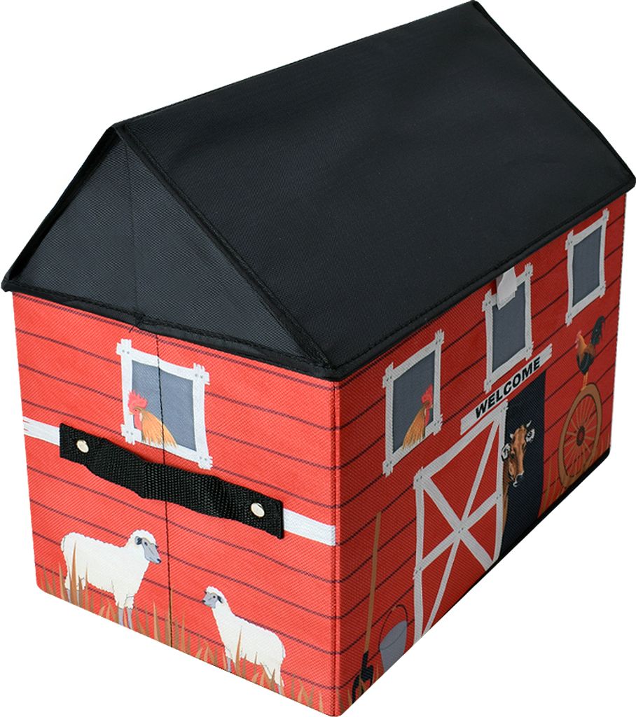 TE-Trend Stoff Spielhaus Spielbox Motiv Scheune Aufbewahrungsbox mit Deckel aufklappbar