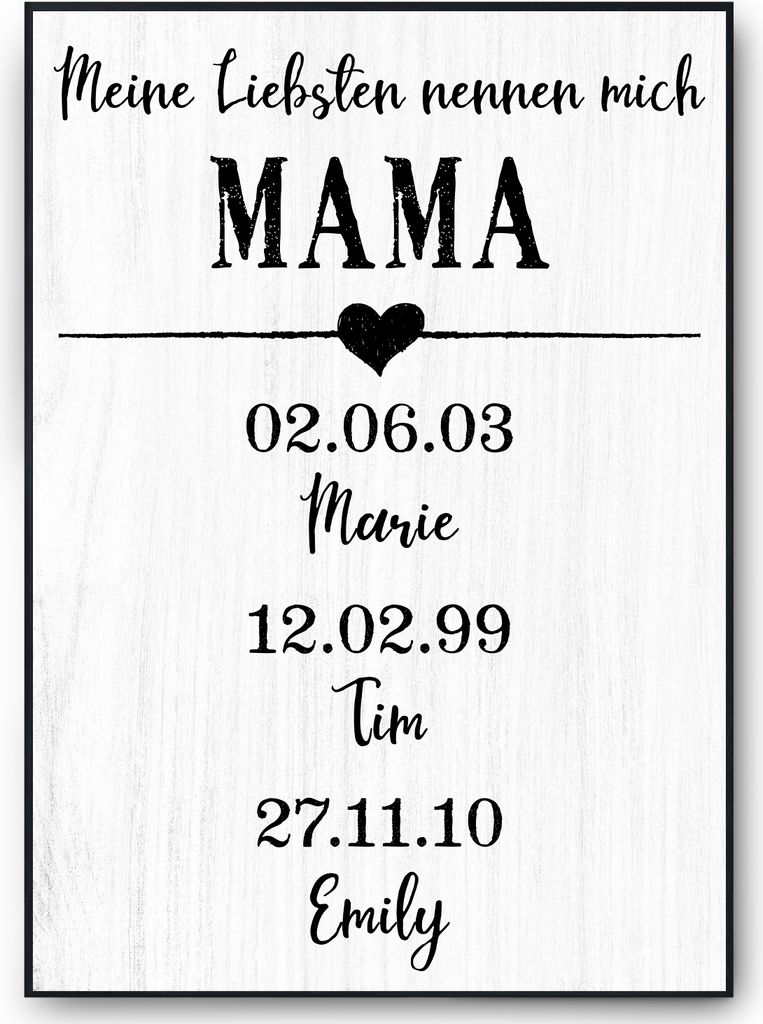 Personalisiertes Mama Poster mit Namen und Geburtsdaten Geschenk für Mama und Oma Muttertag Geschenkidee Mama Geburtstag – DIN A4 + Rahmen schwa...