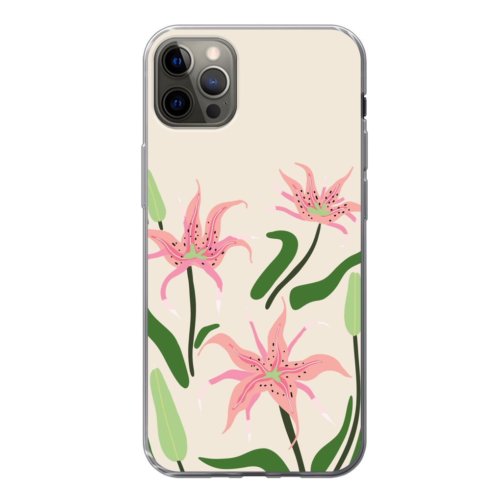 MuchoWow Handyhülle Schutzhülle Hülle für iPhone 13 Pro Max Blume - Rosa - Blätter Silikon Softcase Handy Hülle - Mobiltelefon