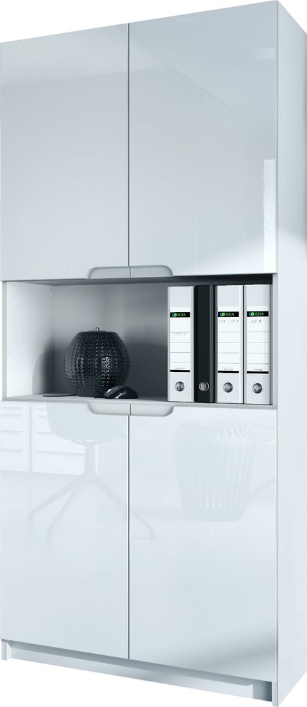 A white office cabinet with multiple shelves and doors.