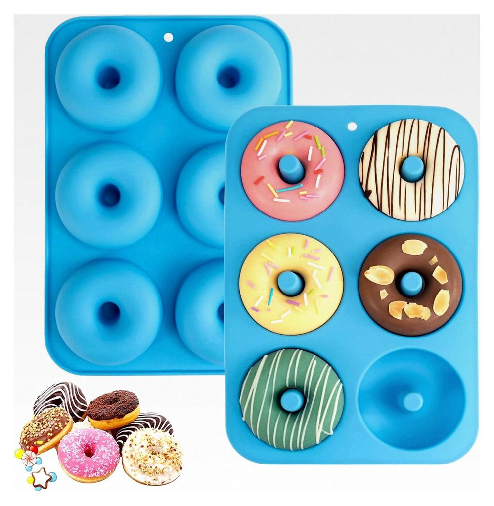 Silikon-Donut-Form für 6 Donuts, 2 Stück, Lebensmittelqualität, hitzebeständig und mikrowellengeeignet (blau)