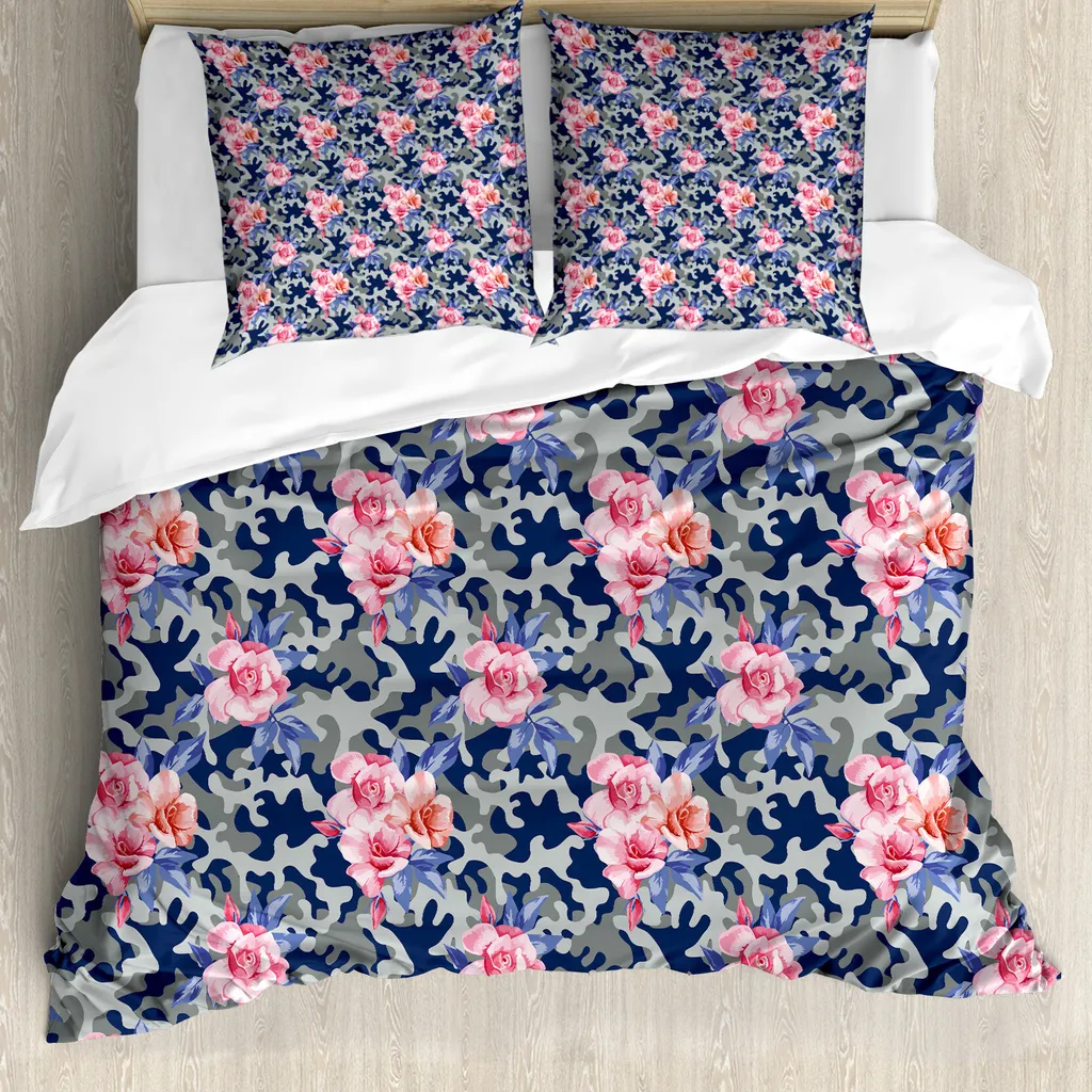 ABAKUHAUS Copripiumino Camo, Rosa Rosen Retro Camo, antiacaro, adatto a chi soffre di allergie, con federe, 155 cm x 220 cm - 80 x 80 cm, viola blu salvia verde