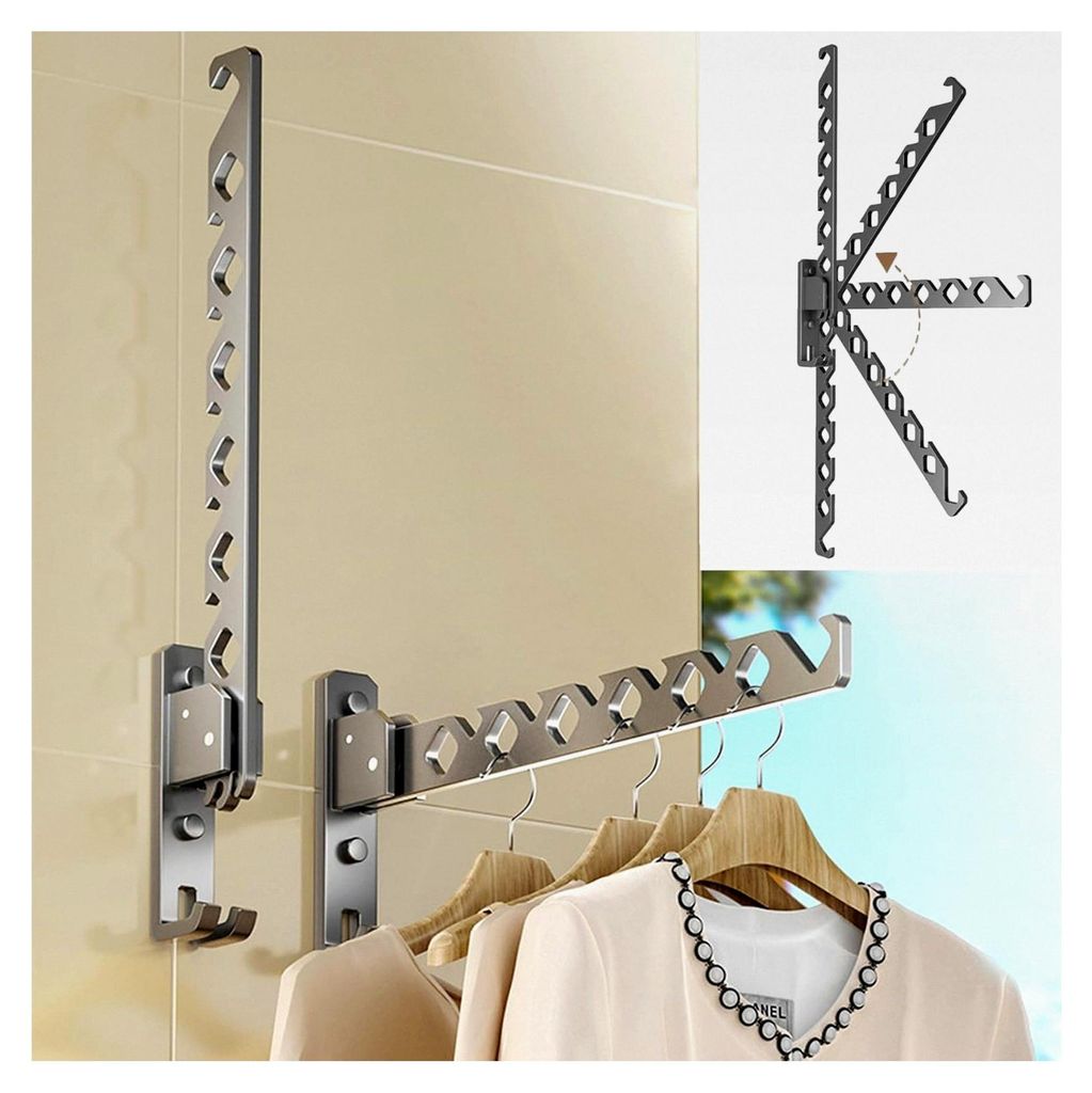 Wandmontierte Kleiderstange, Klappbare Kleiderhaken, Aluminium Kleiderständer für Balkon, Badezimmer und Waschküche, 180° klappbar - Grau