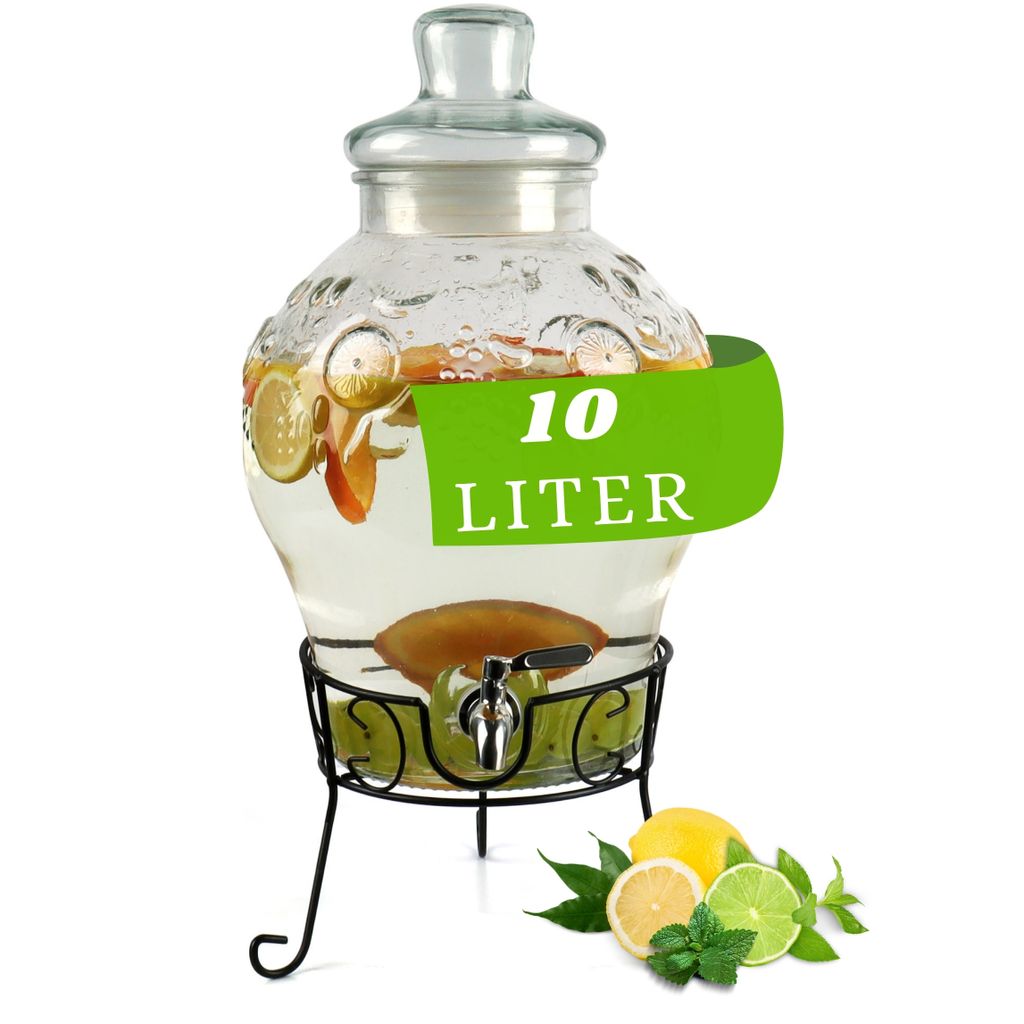Monster24 10 Liter Getränkespender mit tropfsicherem Zapfhahn aus Edelstahl – Wasserspender, Bowle-Gefäß aus Glas mit stabilem Metallständer.