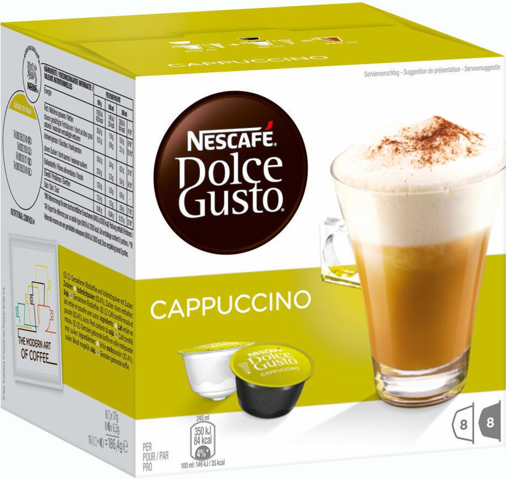 A box of Nescafé Dolce Gusto Cappuccino coffee pods.