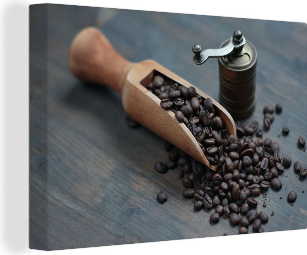 OneMillionCanvasses - Leinwandbilder - 140x90 cm, Kaffeebohnen auf einem dunklen hölzernen Hintergrund mit einer Kaffeemühle, Wandbilder Kunstd...