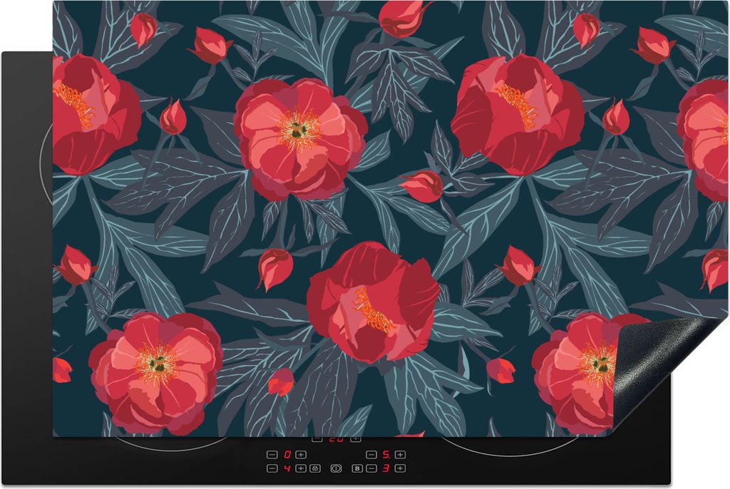 KitchenYeah Herdabdeckplatte Blumen - Rot - Blätter - Muster , 80x52cm, Küche Deko, Glaskeramikkochfeld Herdabdeckung, Abdeckplatte fùr Kochfeld