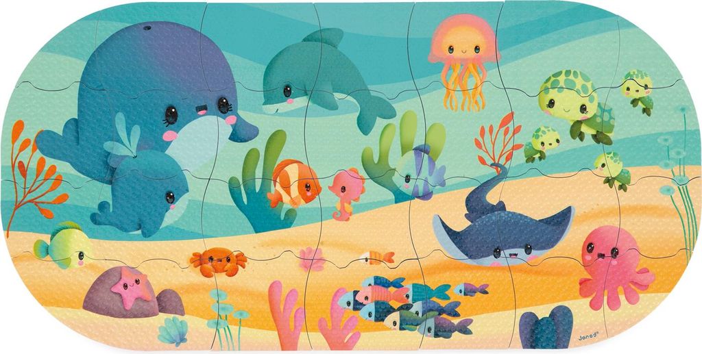 A colorful underwater scene with various cartoon sea creatures, presented as a puzzle.