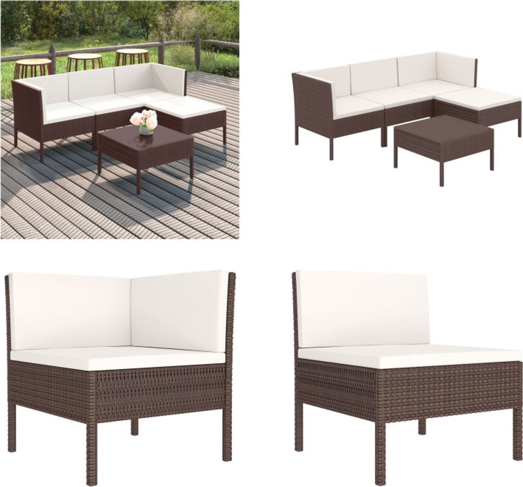vidaXL 5 tlg. Garten Lounge Set mit Auflagen Poly Rattan Braun - Garten-Sofagarnitur - Garten-Sofagarnituren - Gartensofa-Set - Gartensofa-Sets