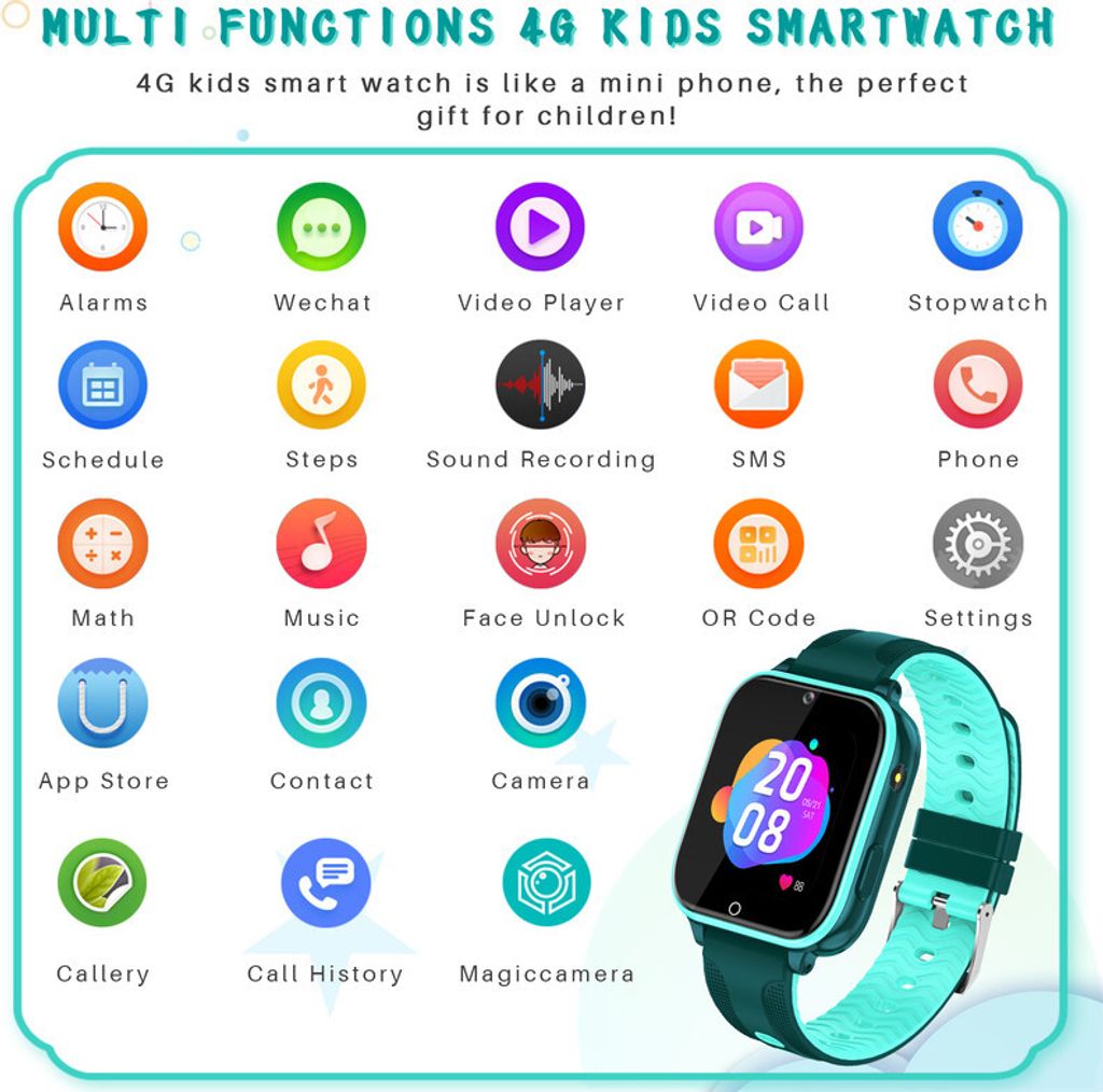 (Grün) T12 4G Smart Watch für Kinder, Touchscreen-Kinderuhr Produktbild 6