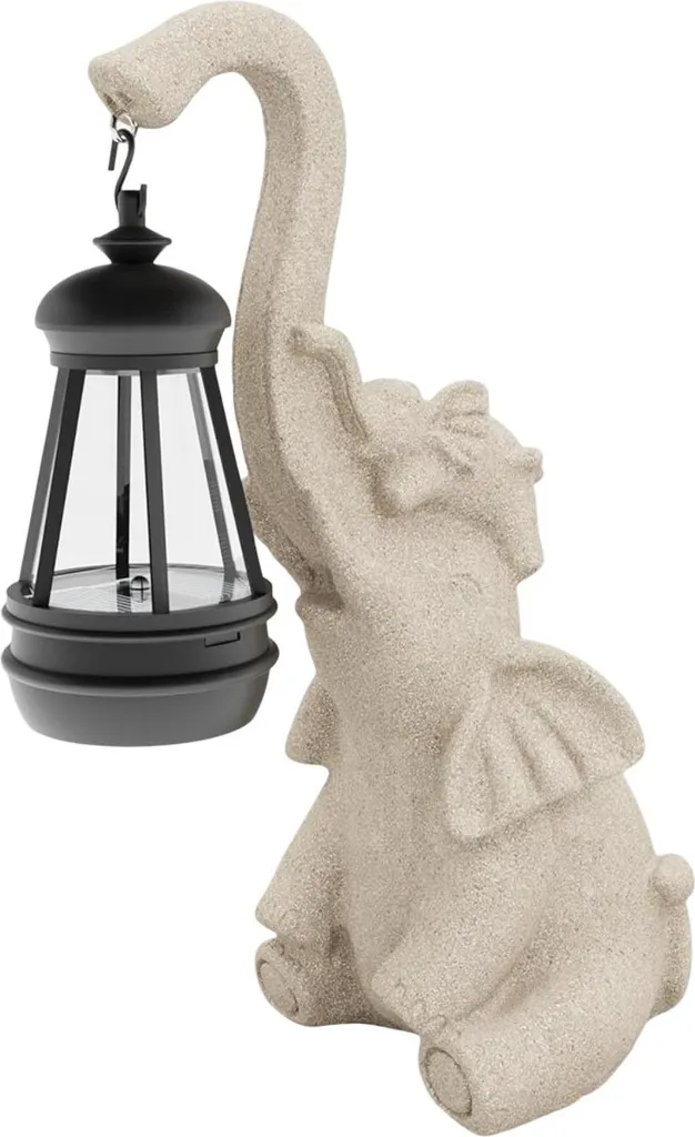 Scultura Elefante Porta Fortuna Beige - Lampada Solare Esterno Resina