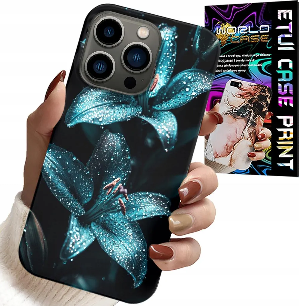 Cover Elegante iPhone 16 Pro Max Turchese e Gigli + Vetro Protettivo