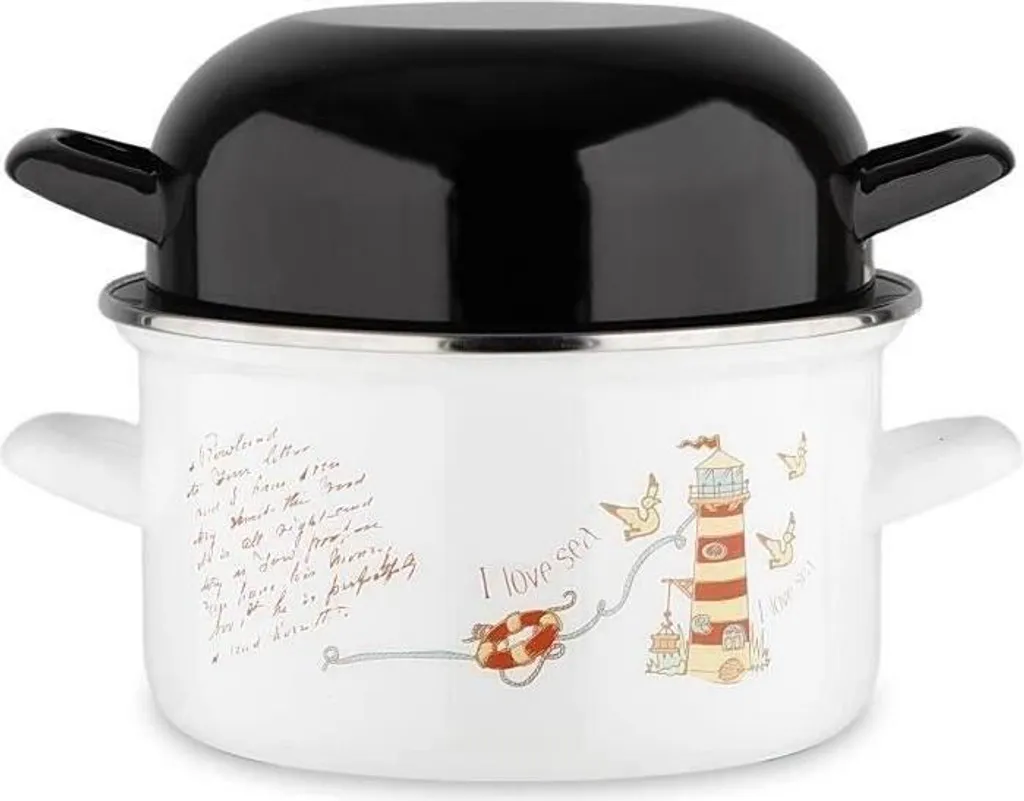 Marmite a moules BAUMALU, 20 cm, acciaio smaltato, decorazione Phares, coperchio nero, bianco