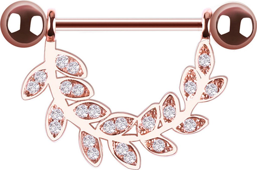 1Pc Frauen Strass Intarsien Blatt Barbell Nippel Ring Körper Piercing Schmuck Geschenk-Roségold