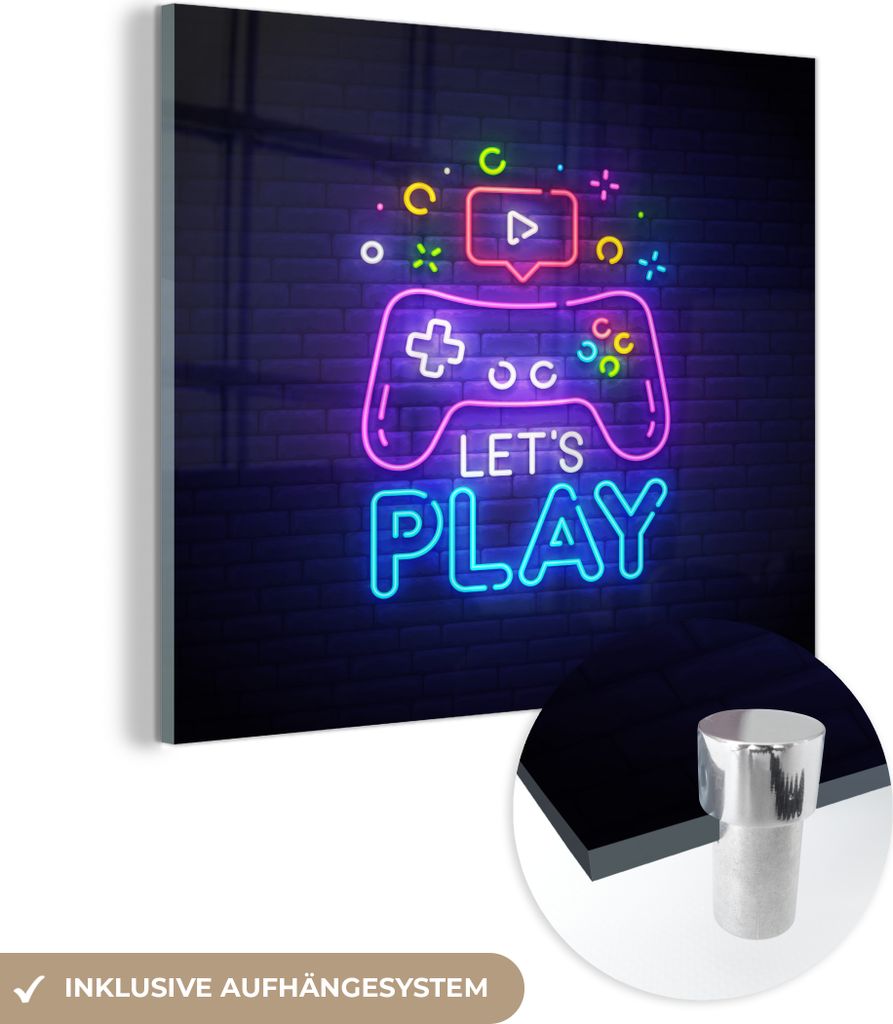 MuchoWow Glasbilder - Bilder auf Wandbild - Foto auf Glas Spiele - Neon - Let's Play - Controller - Zitate 90x90 cm Wanddekoration aus Glas - Acryl...