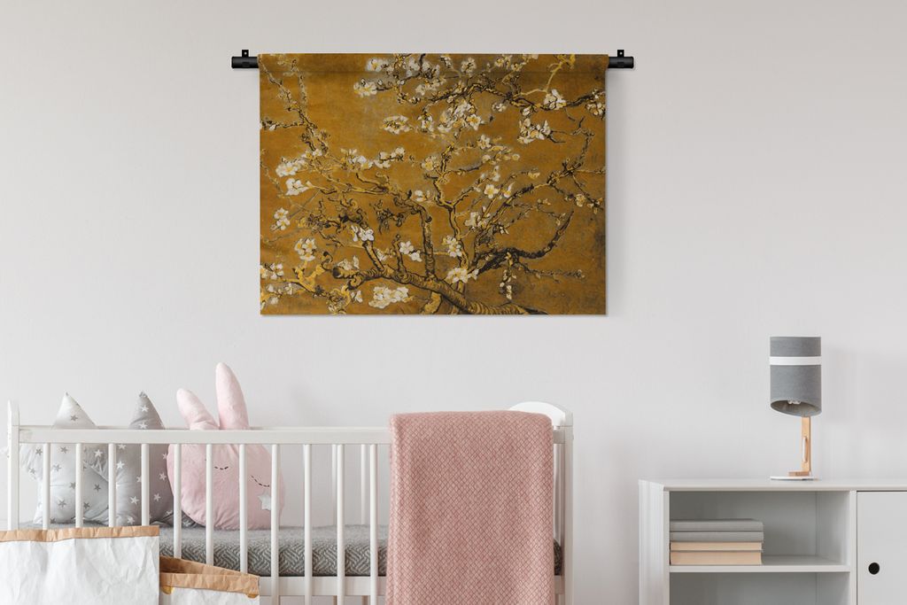 MuchoWow Wandteppich Wandbehang Mandelblüte - Vincent van Gogh - Gold 90x67.5 cm Tapisserie Dekoration Wandtuch - Fototeppich - Wand-Skulpturen