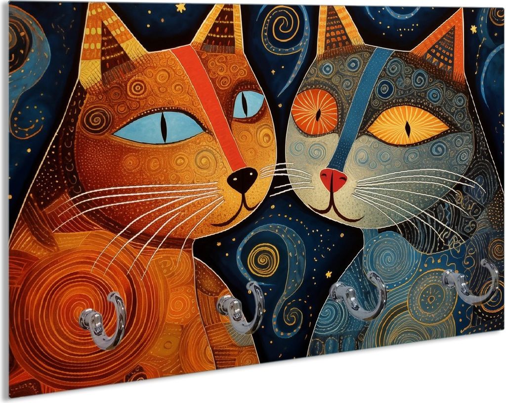 Wallario Schlüsselbrett aus Glas, Motiv: Kosmische Katzenfreunde, 30 x 20 cm mit 4 Haken
