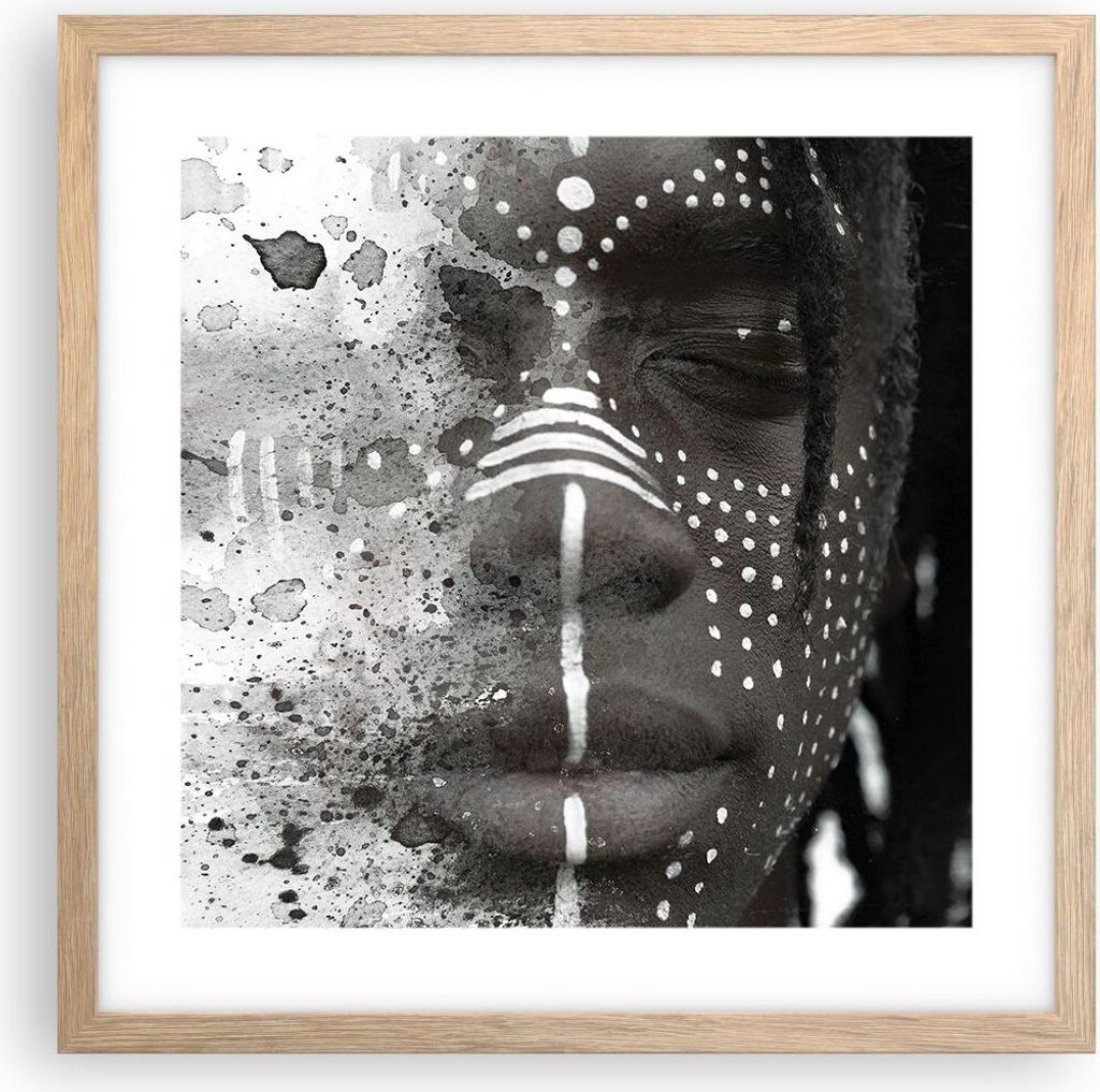 Gerahmtes Poster - Rahmen in heller Eiche - Afrikanisch Autochthon Gesicht - 40x40 cm - Wand Bild - Wanddeko - Wandbilder - Kunstposter - Wandposte...
