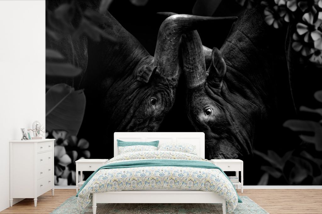 MuchoWow Fototapete für Wohnzimmer oder Schlafzimmer Wandtapete Vinyl Motivtapete Zwei Watussi-Rinder im Dschungel - schwarz und weiß - 330x220...