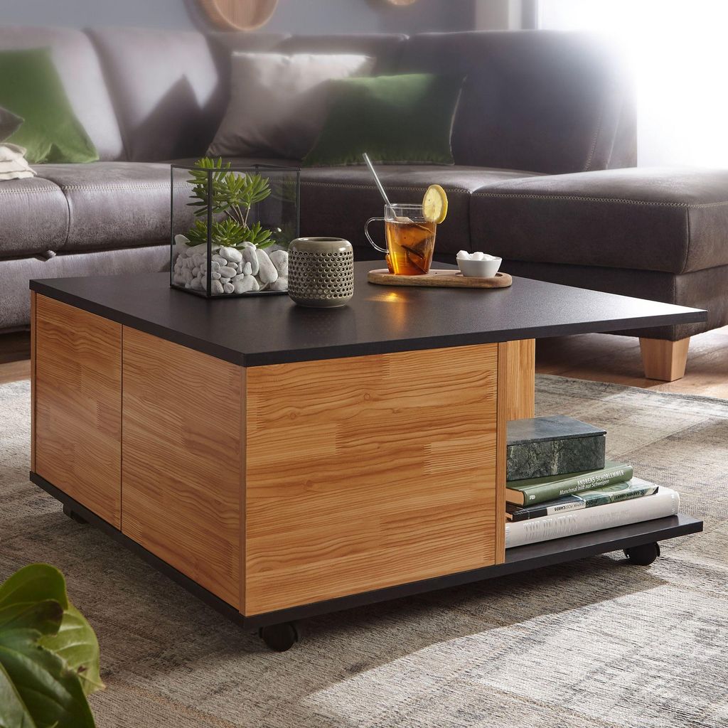 WOHNLING Design Couchtisch 70x70 cm Anthrazit / Sandeiche Wohnzimmertisch mit 2 Schubladen Sofatisch mit Rollen Tisch mit 2 Fächern