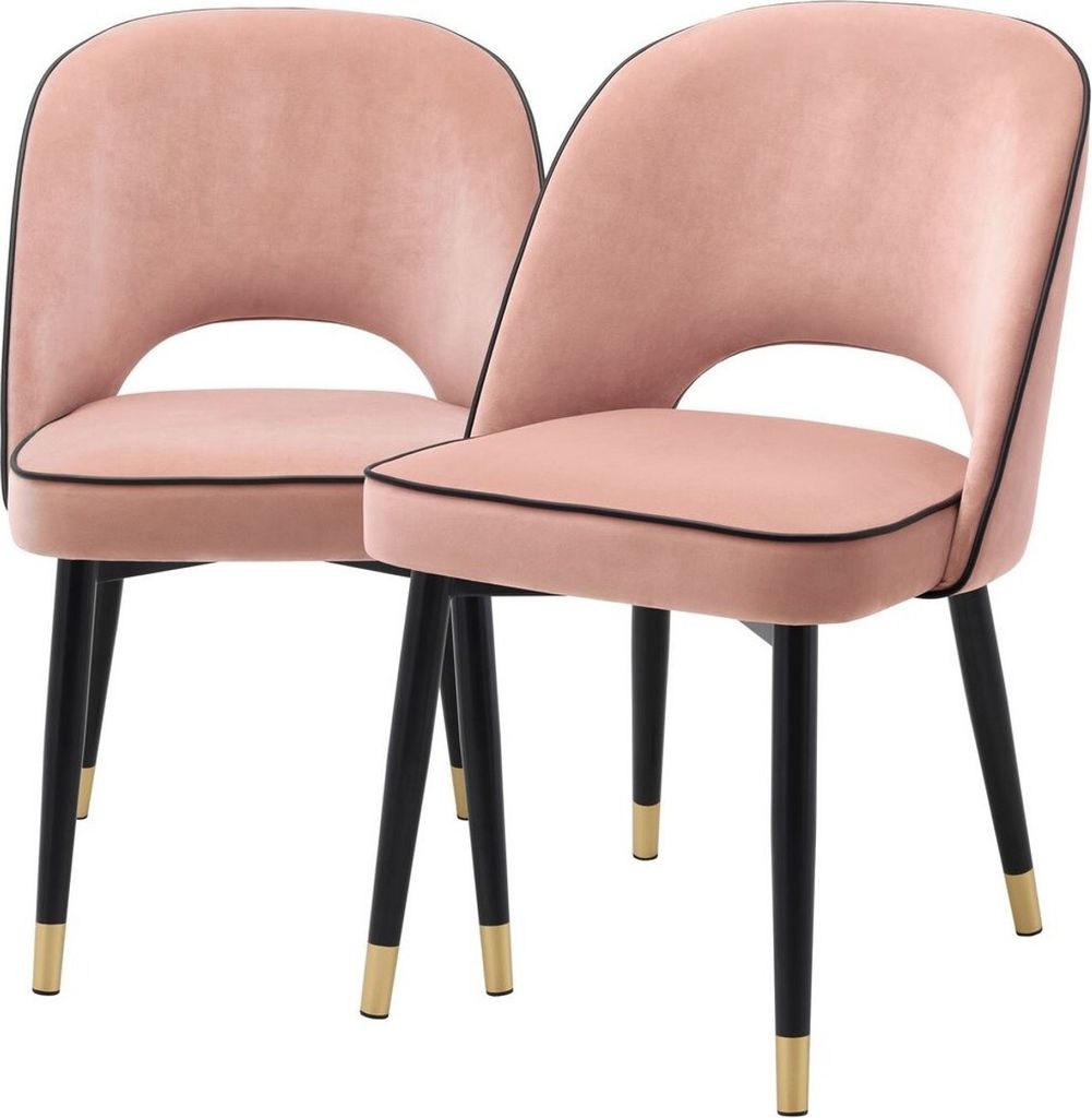 Casa Padrino Luxus Esszimmerstuhl Set Rosa / Schwarz / Messing 53 x 56 x H. 84 cm - Esszimmerstühle mit edlem Samtstoff - Esszimmer Möbel