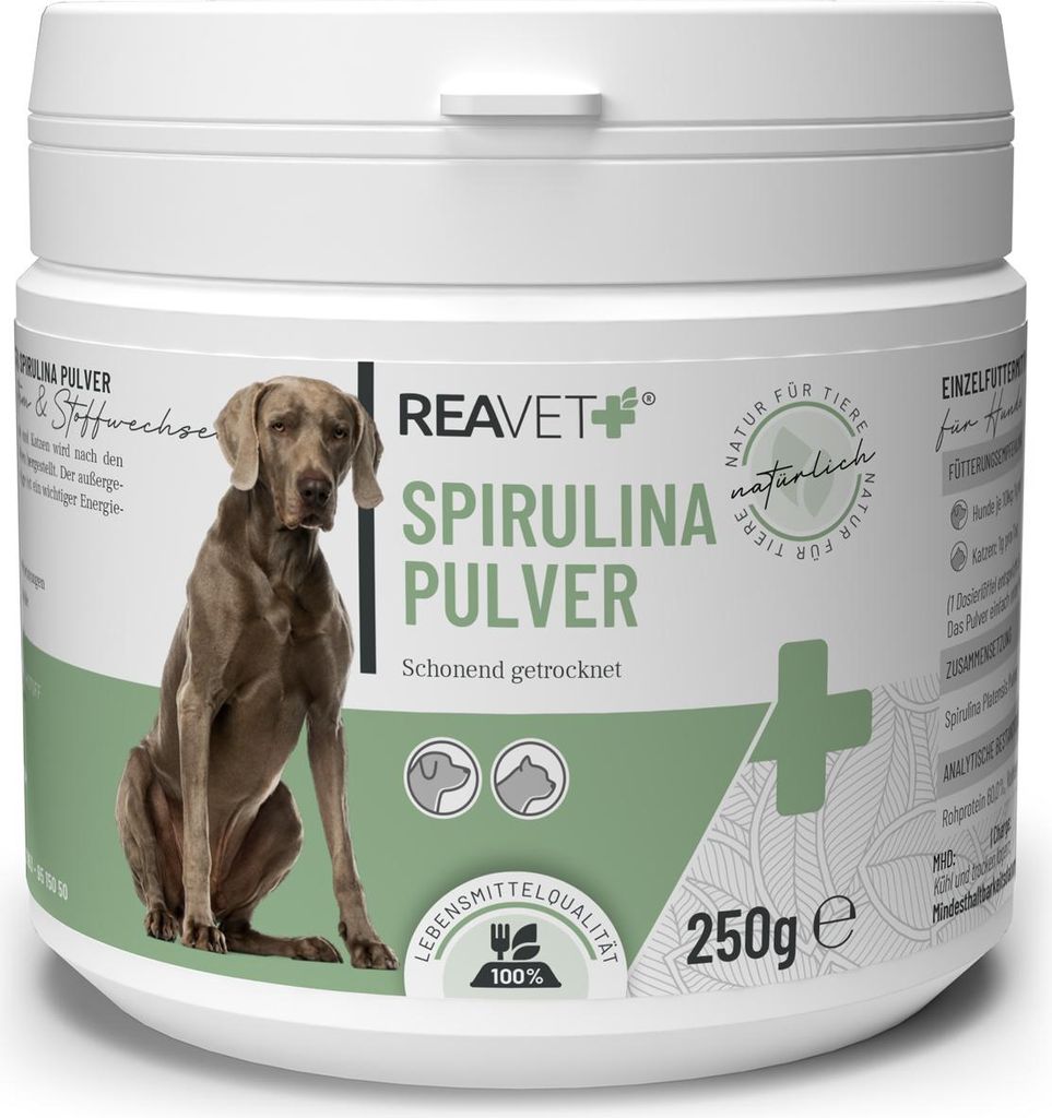 REAVET Spirulina Pulver für Hunde & Katzen 250g - Mikroalge unterstützt Haut & Fell, Immunsystem & Stoffwechselprozesse, Vitamine & Mineralstoffe