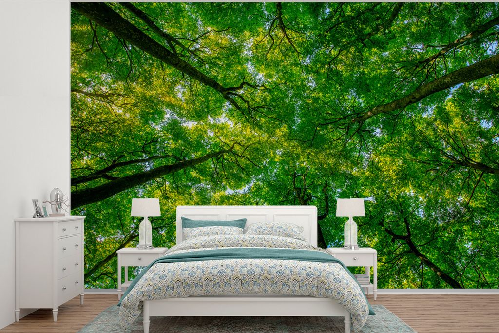MuchoWow Fototapete für Wohnzimmer oder Schlafzimmer Wandtapete Vinyl Motivtapete Wald - Bäume - Grün - 420x280 cm - Zimmer für Kinder