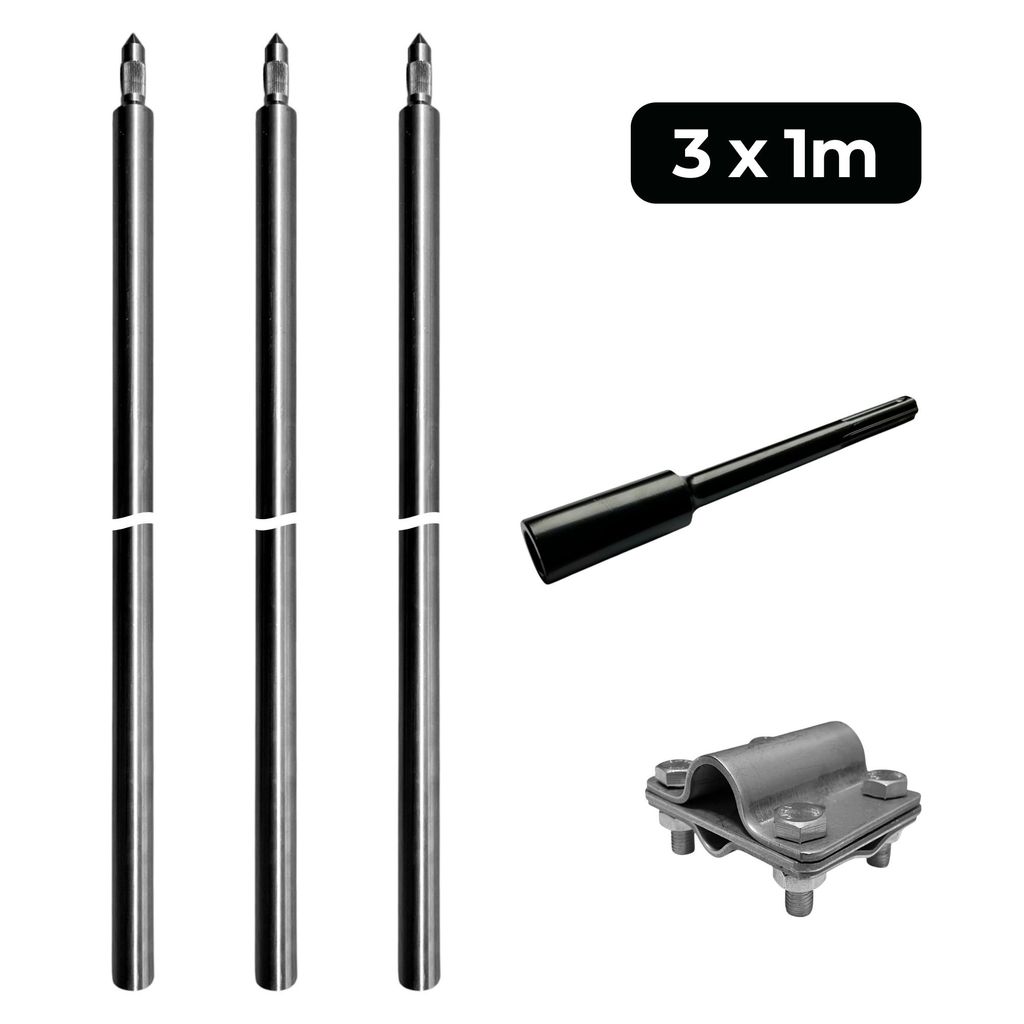 Tiefenerder SET 3x1000mm Ø20mm Niro V4A Inklusive SDS-Max Schlagkopf & Klemme