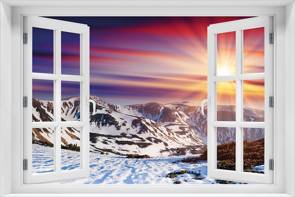Wallario Wandbild aus Acryl, 60 x 90 cm, freischwebende Optik - Farbenfroher Sonnenuntergang im Winter - Schnee in den Bergen mit Fenster-Illusion