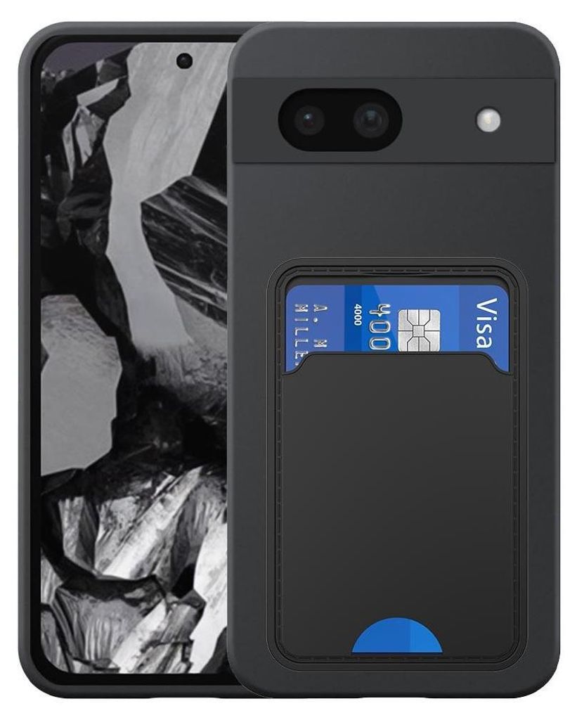 A black phone case with a card slot is shown on a phone with a black and white abstract background.