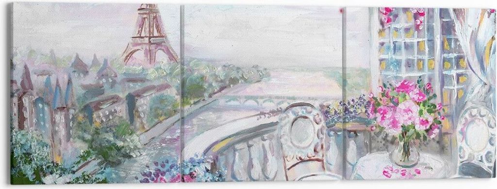 Bild auf Leinwand - Leinwandbild - Blumen Eiffle Architektur Balkon - 150x50cm - Wand Bild - Wanddeko - Leinwanddruck - Bilder - Kunstdruck - Leinw...