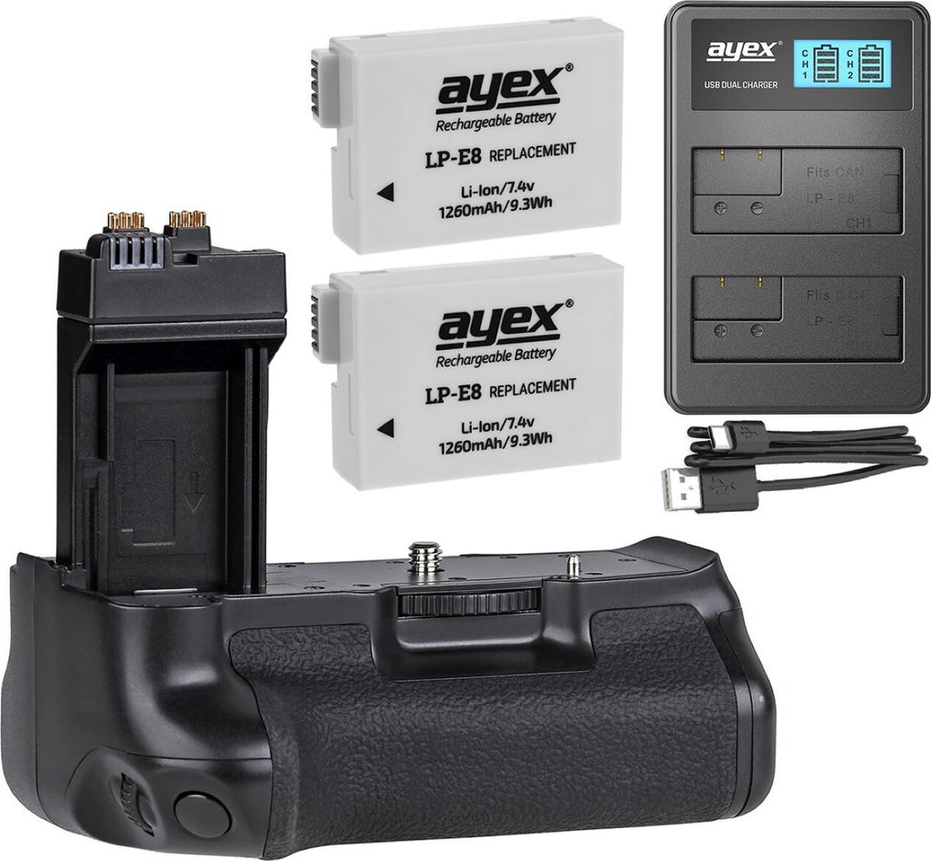 Batteriegriff Set für Canon EOS 700D 650D 600D 550D + 2x LP-E8 Akku + 1x USB Dual Ladegerät