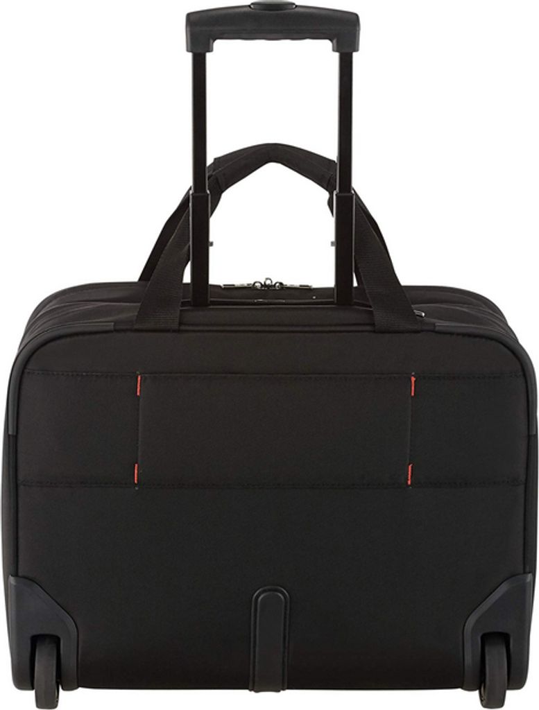 A black Samsonite rolling suitcase viewed from the back.