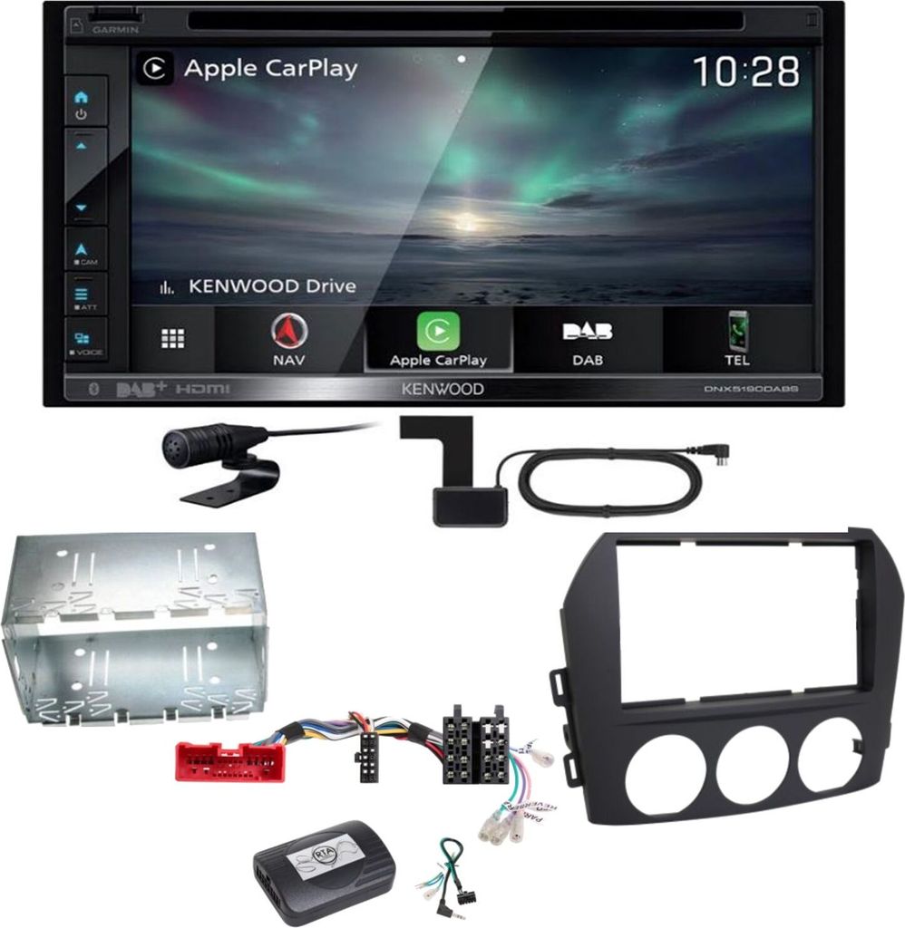 Kenwood DNX-5190DABS Navi Carplay Android Auto Einbauset für Mazda MX-5 NC FL