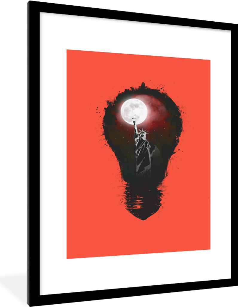 MuchoWow Gerahmtes Poster New York - Nacht - Lampe - Rot 60x80 cm - Poster mit Schwarzem Bilderrahmen Wandposter Rahmen Foto Bilder - Wohnzimmer ...