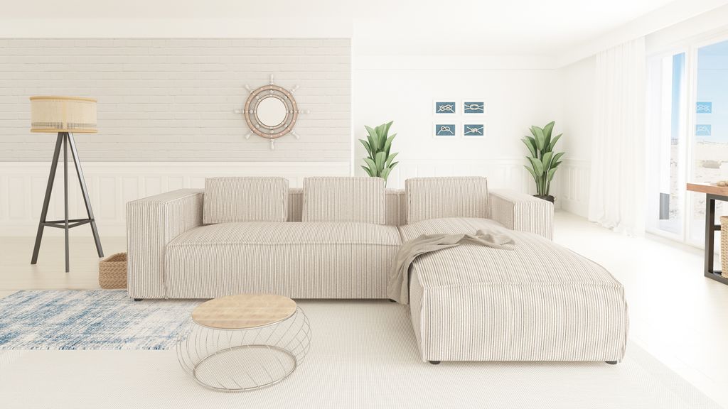 S-STYLE MÖBEL - Modernes Ecksofa Bello aus Beige Cord mit Ottomane rechts und weichem Sitz, B/T/H: 262 cm / 176 cm / 64 cm