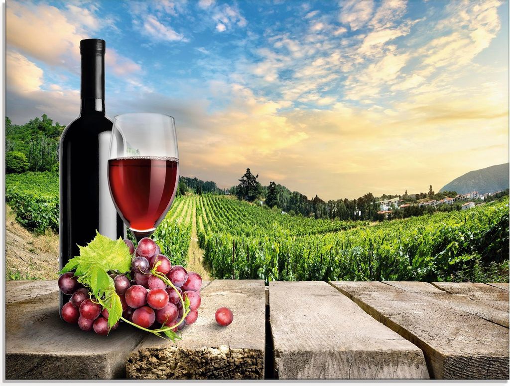 ARTland Glasbild Wein vor Weinbergen Größe: 60x45 cm