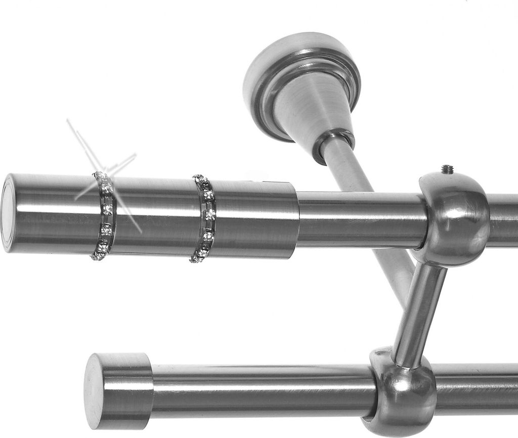Gardinenstange Set Edelstahl Look Metall Ø 16mm zur Deckenbefestigung 2-lauf mit Kristall, Länge wählbar D24 E26 E16