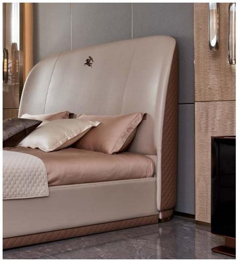 Bett Beige Leder Holz Schlafzimmer Lederbett Modern Design Möbel Luxus Doppel