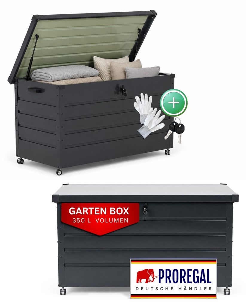 Gartenbox WOLF XXL mit Rollen wasserdicht | HxBxT 62x120x62cm | 350 Liter | Metall | wetterfest & abschließbar | mit Gasdruckfeder | Anthrazit | O...