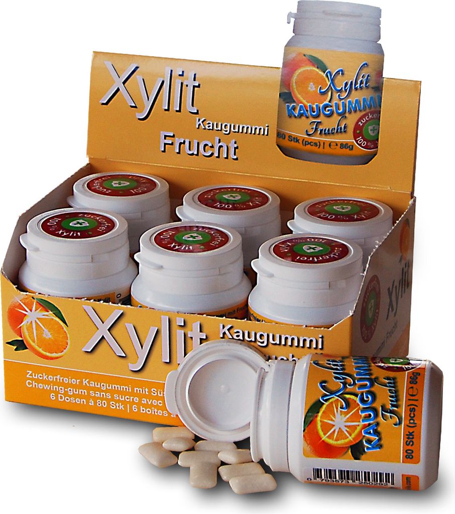 Xylitquelle Zahnpflegekaugummi FRUCHTIG | 6 x 80 Stk | 100% Xylit für angenehmen Atem | zuckerfrei, vegan, ohne Aspartam | 480 Kaugummis (6er Pack)