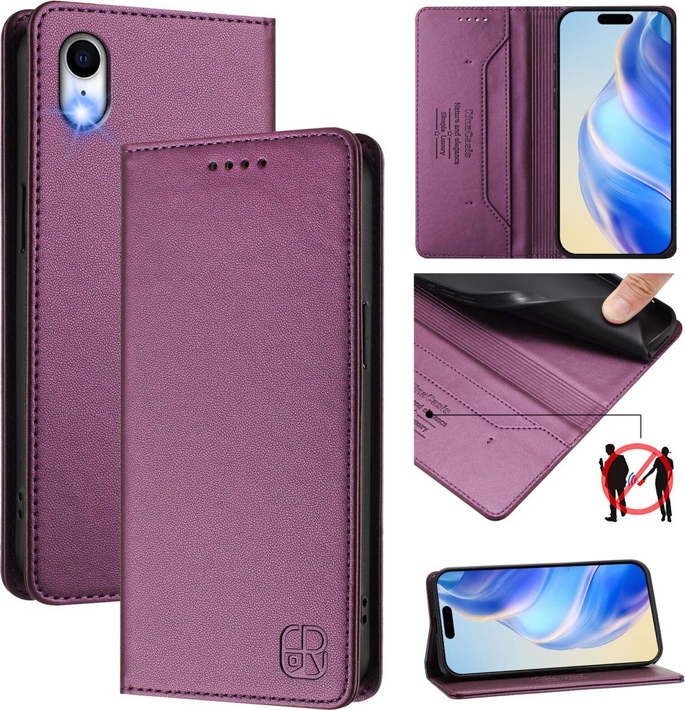 Lederhülle für iPhone XR Hülle Flip Brieftasche Kartenfächern Ständer Schutzhülle Lila