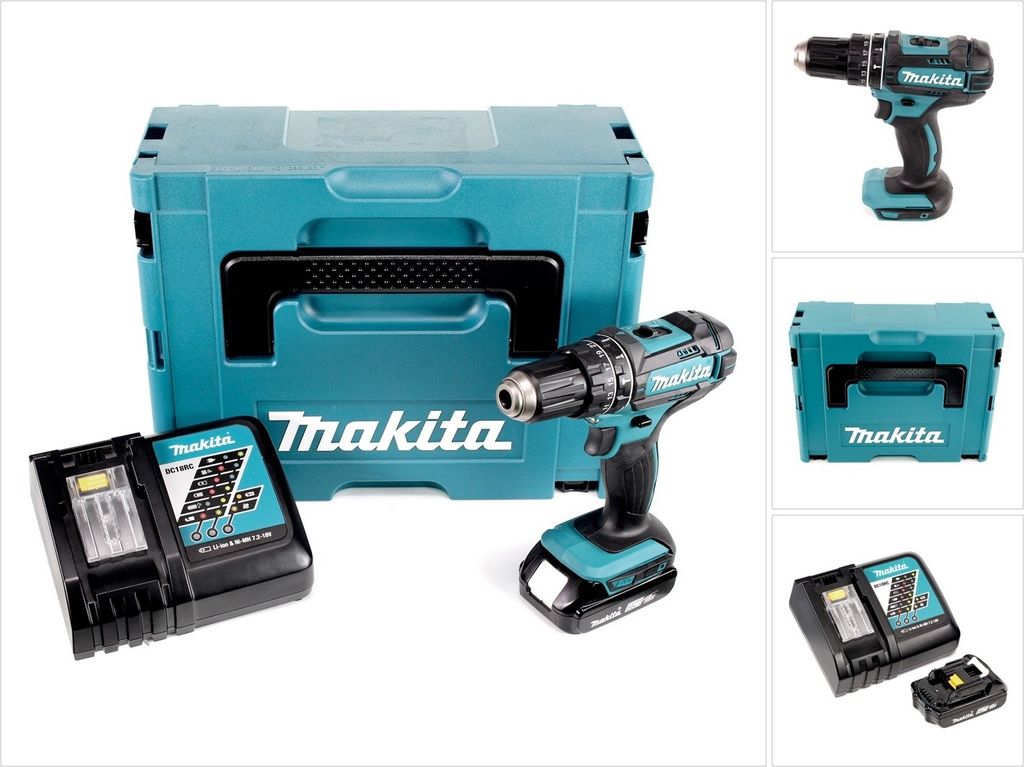 Makita DHP 482 RA1J Akku Schlagbohrschrauber 18 V 62 Nm + 1x Akku 2,0 Ah + Ladegerät + Makpac