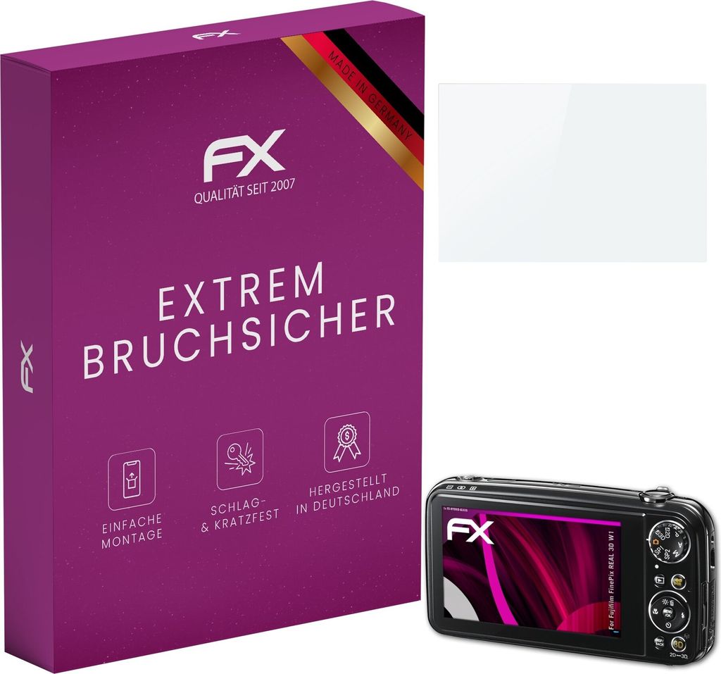 atFoliX FX-Hybrid-Glass Displayfolie kompatibel mit Fujifilm FinePix REAL 3D W1 Glasfolie